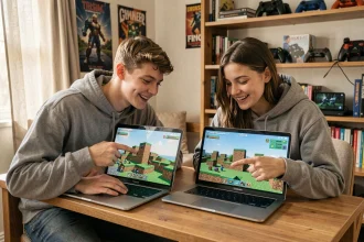 Deux adolescents jouant ensemble à Minecraft sur deux ordinateurs portables dans une chambre gaming