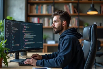 Développeur Python analysant du code sur un écran d'ordinateur dans un bureau moderne en 2026
