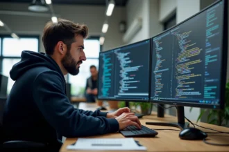 Développeur Python concentré devant un écran affichant du code ResNet dans un bureau tech moderne