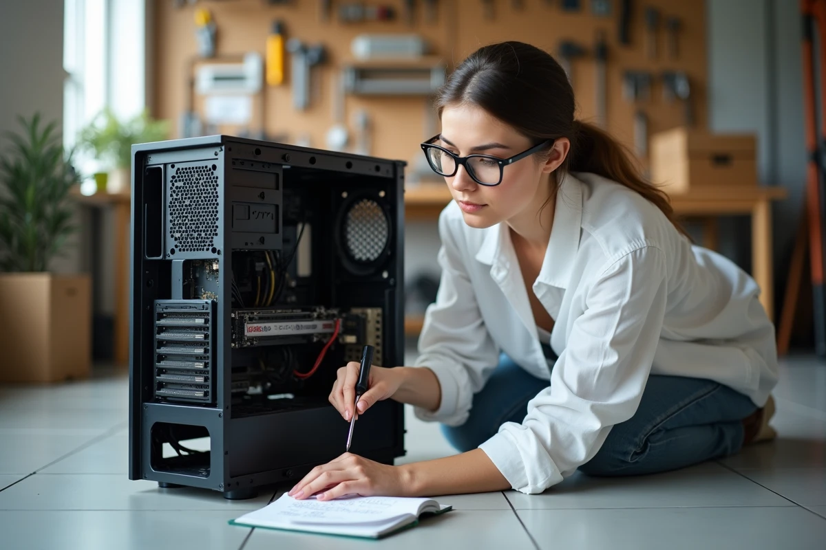 Femme technicienne inspectant les composants internes d'un ordinateur pour résoudre un problème d'installation Windows