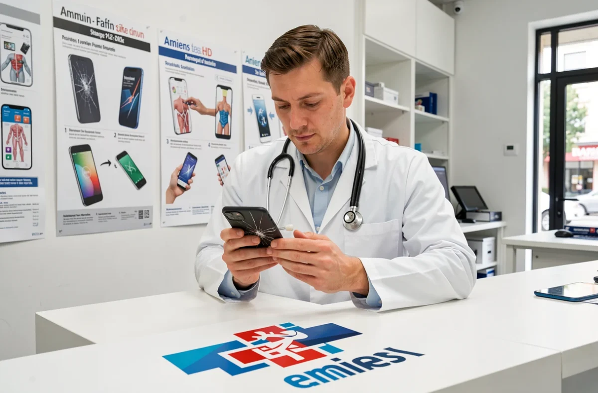 Technicien de Docteur Phone Amiens examinant un smartphone cassé comme un médecin diagnostique un patient