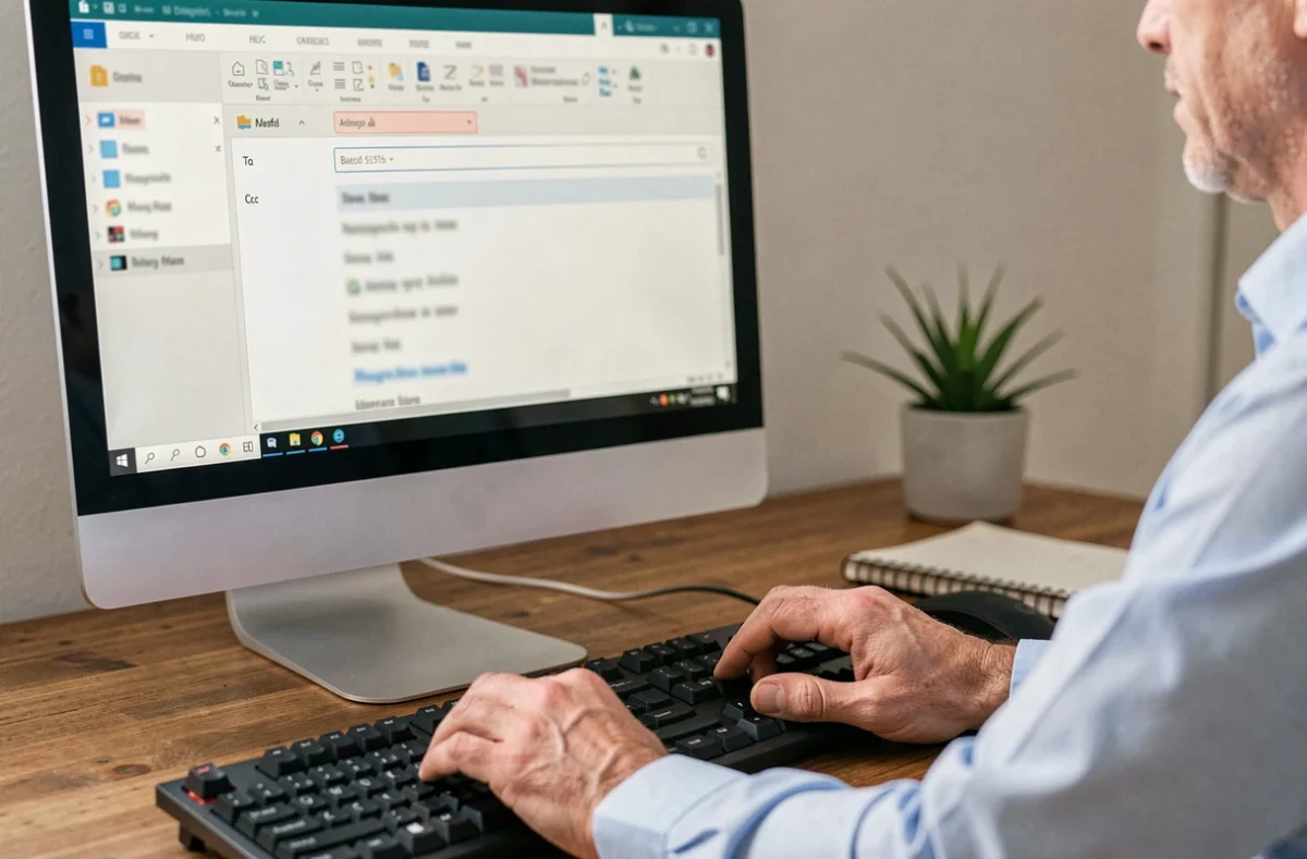 Écran d'ordinateur montrant les champs À, Cc et Cci d'un email en cours de rédaction avec des adresses email floues