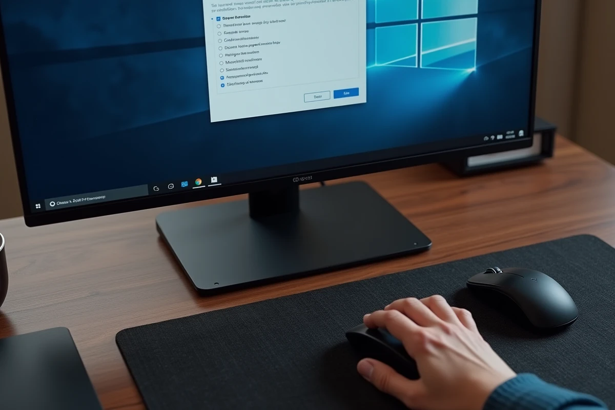 Vue en plongée d'un écran PC affichant les options d'icônes système du bureau Windows avec souris et bureau minimaliste