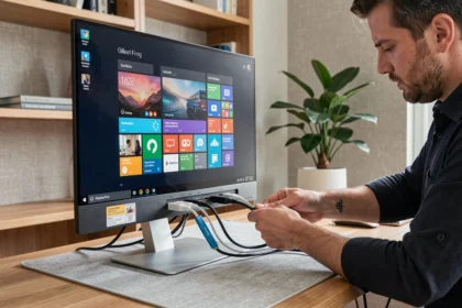 Écran OLED 27 pouces avec ports USB-C, HDMI et DisplayPort connectés sur un bureau en bois moderne