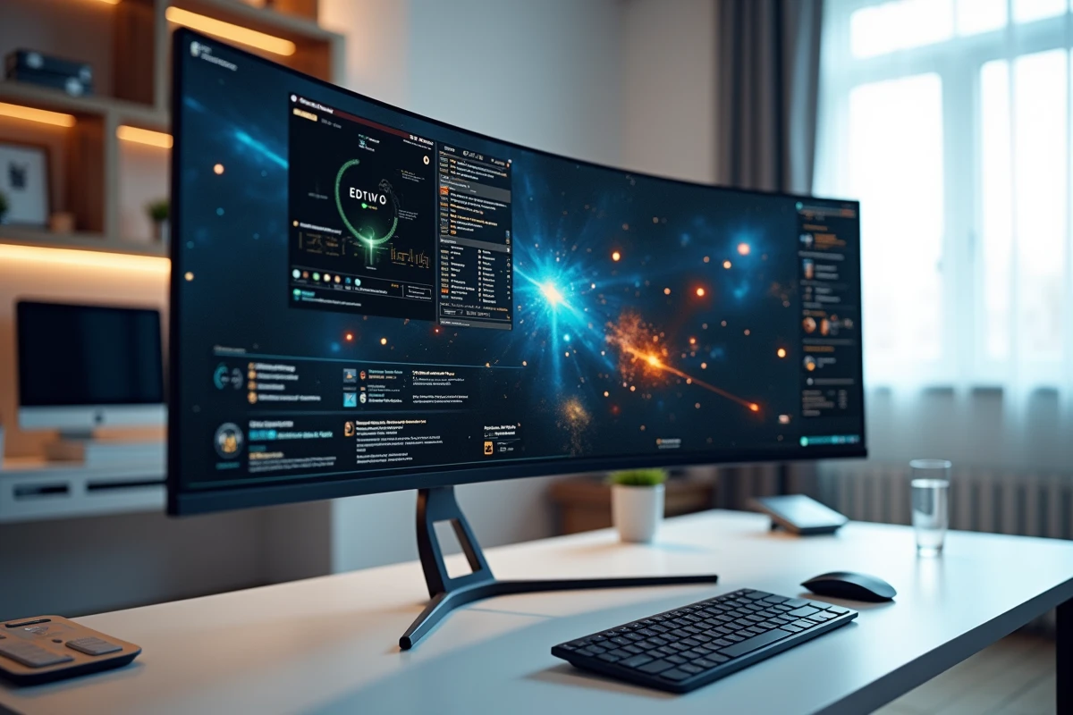 Écran ultrawide 21/9 affichant l'interface de Eve Online avec panneaux UI et carte stellaire en résolution étendue 1080p
