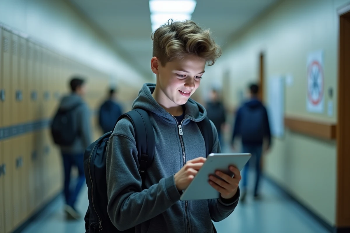 Élève vérifiant ses notes et absences sur l'ENT 41 via une tablette dans le couloir de son lycée