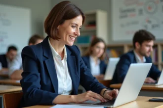 Enseignante de collège explorant le site Infonovateur.com sur son ordinateur portable en salle de classe en 2026