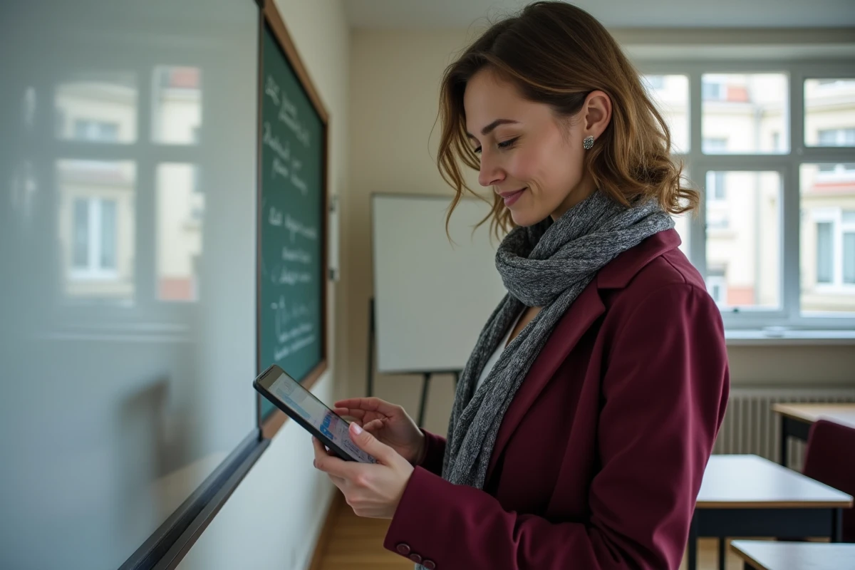 Professeure vérifiant message sur tablette en classe