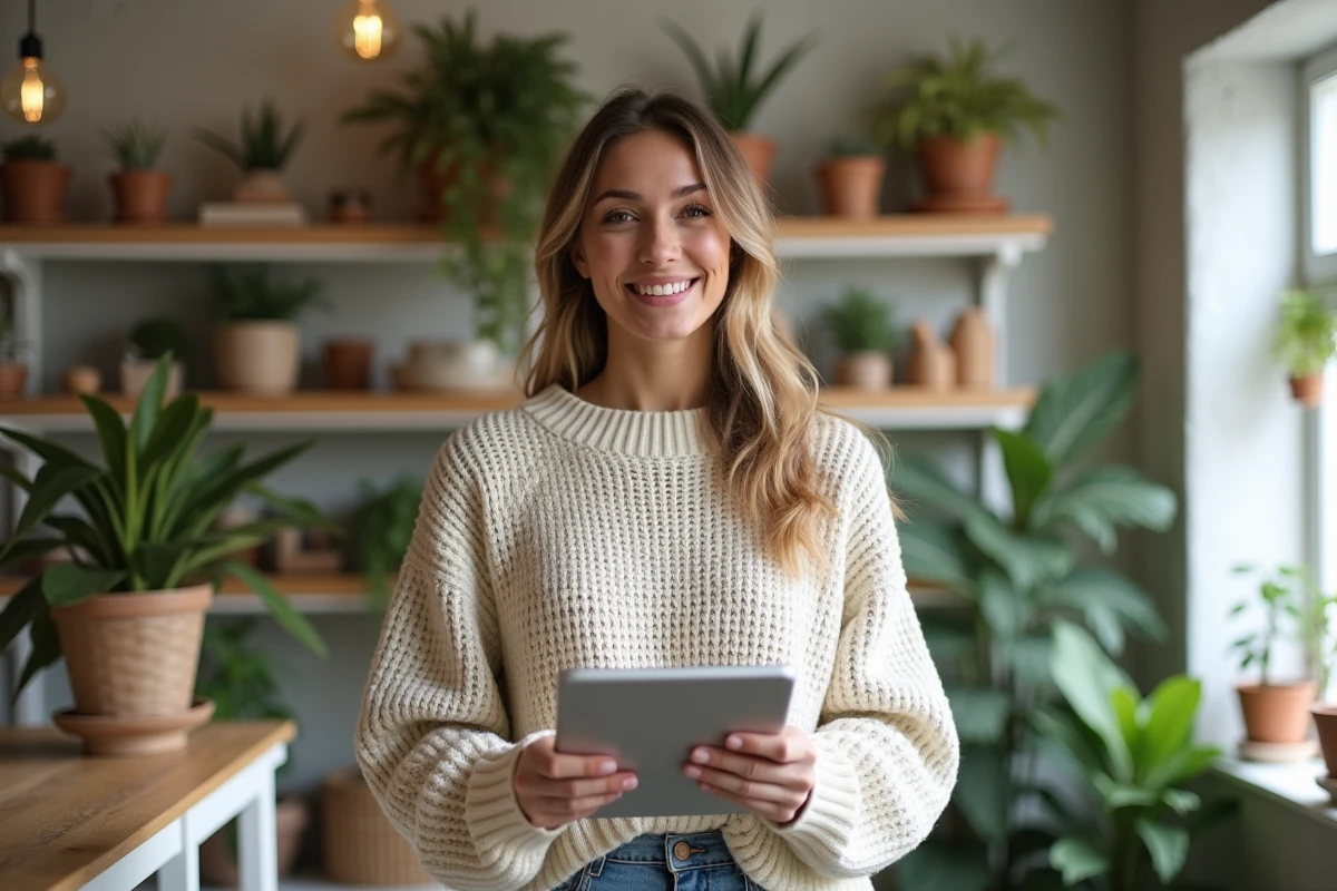 Jeune entrepreneuse indépendante fière de son nouveau site e-commerce créé par une agence web dédiée aux freelances