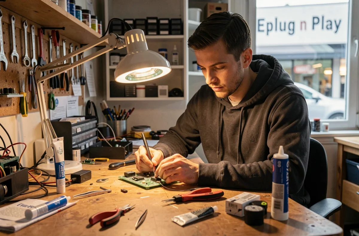 Technicien d'Eplug n Play soudant un composant électronique sur une carte mère de smartphone