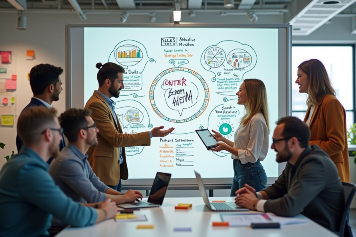 Equipe créative en brainstorming autour d un tableau SEO 2025