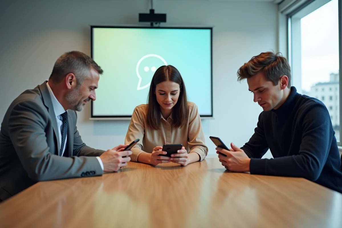 Équipe professionnelle en réunion utilisant une application de messagerie sécurisée Tchap sur smartphones et tablettes