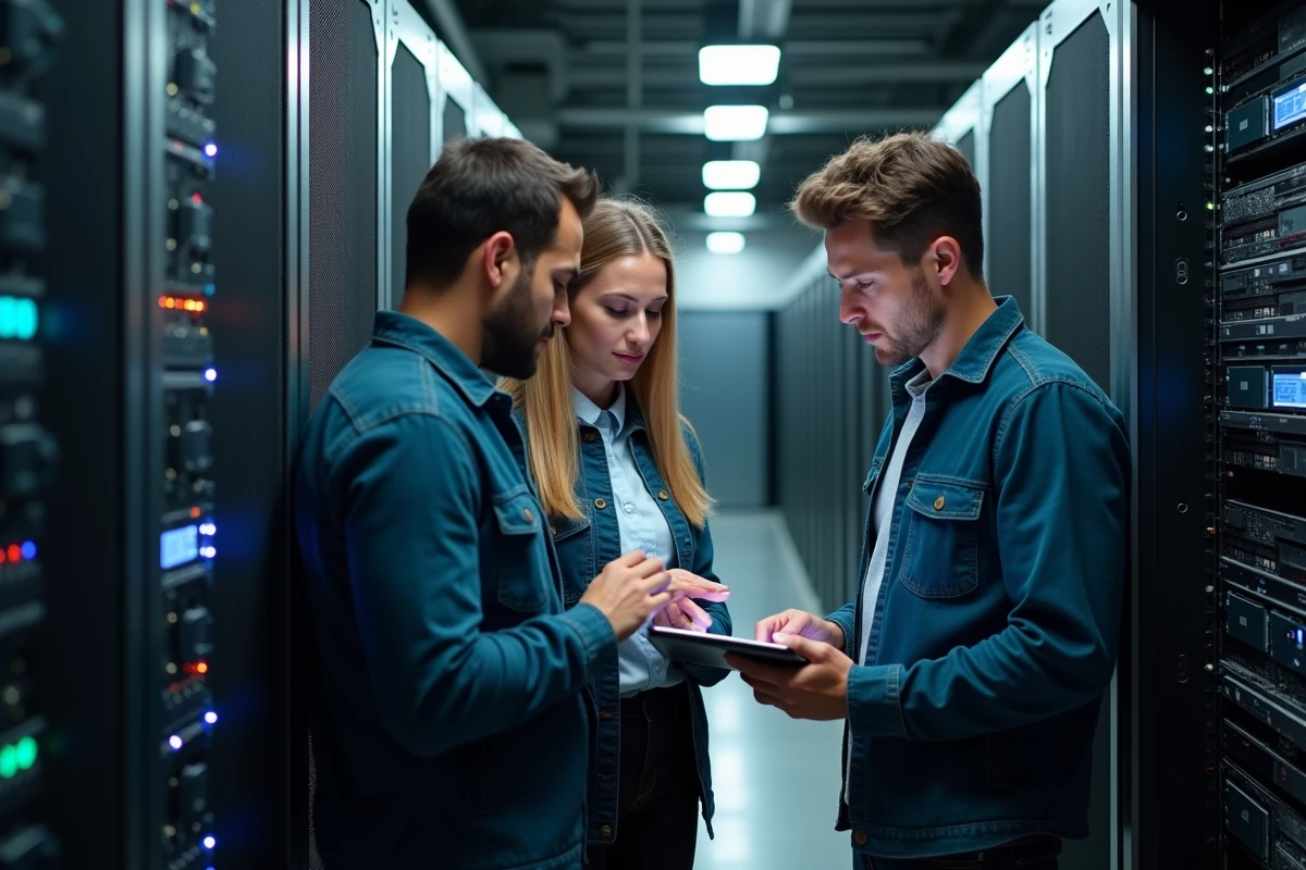Groupe de techniciens en centre de données avec serveur rack