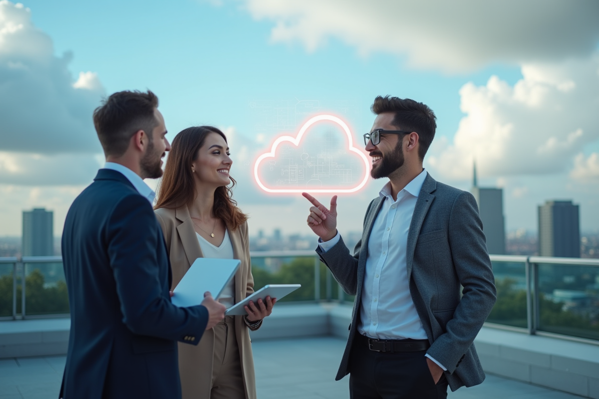 Groupe de trois travailleurs IT discutant sur un toit avec ciel et nuages