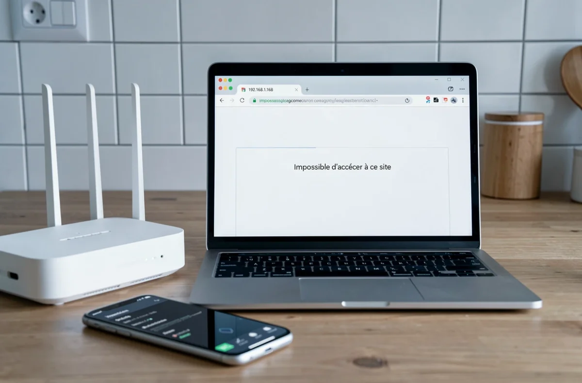 Écran d'ordinateur affichant une erreur d'accès à l'adresse IP 192.168.1.168 avec un routeur et un smartphone posés sur une table