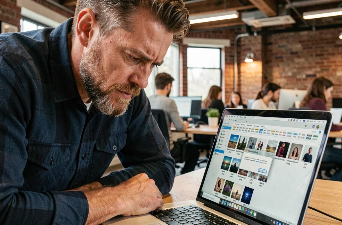 Homme au bureau observant une erreur lors de la conversion de fichiers JFIF en JPEG sur un ordinateur portable