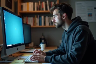 Homme frustré devant un écran affichant une erreur d'installation Windows 64 bits sur un bureau d'ordinateur
