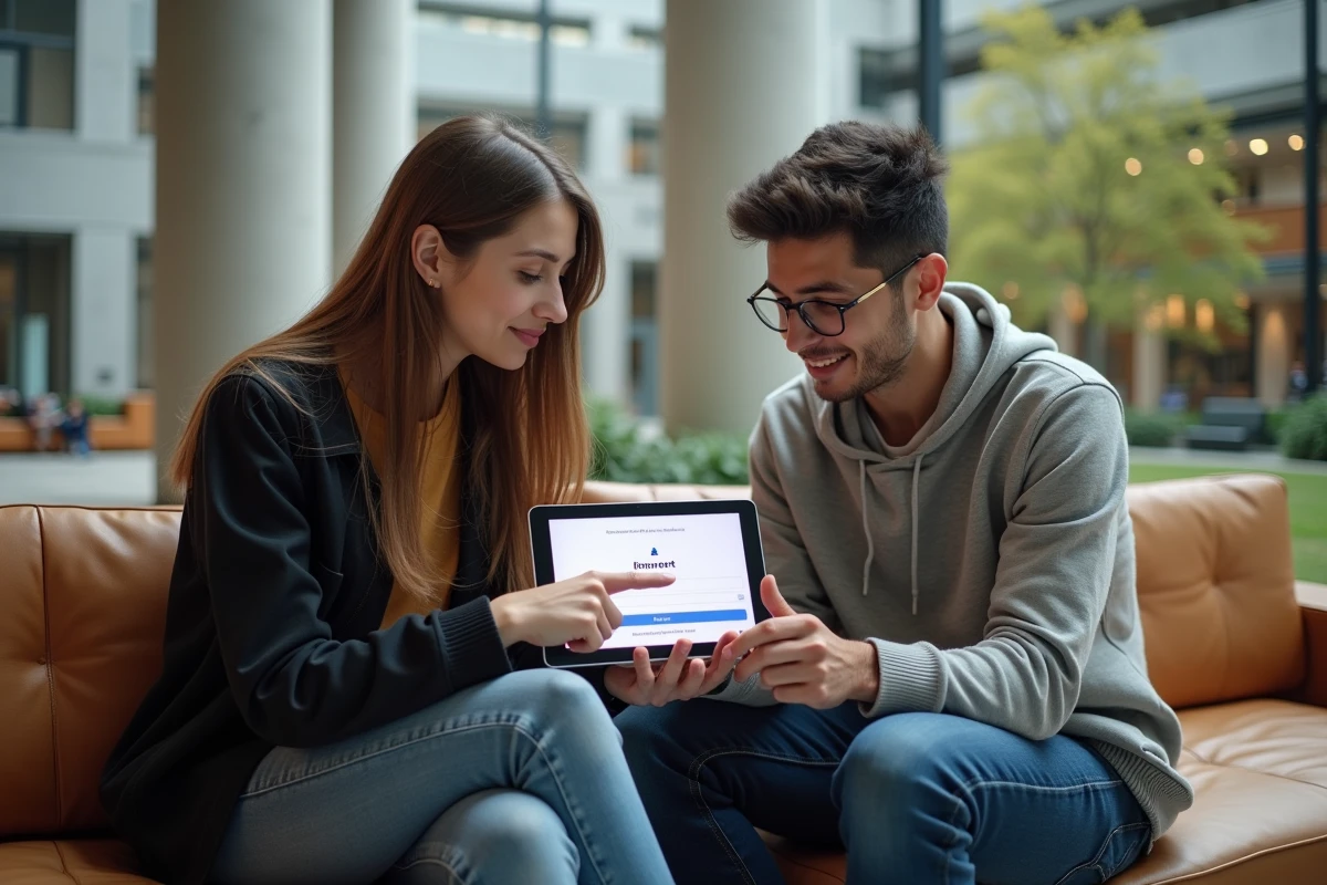 Deux étudiants consultant ensemble le portail intranet LEO sur une tablette dans un espace commun universitaire