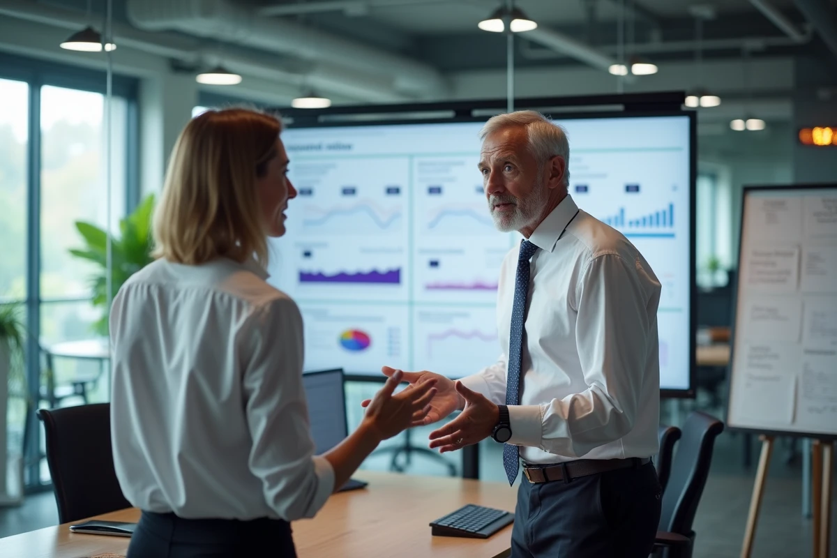Expert-comptable présentant un tableau de bord logiciel cloud à son équipe en cabinet