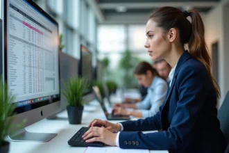 Femme professionnelle analysant une feuille de calcul Excel avec des soustractions d'heures sur un écran de bureau dans un open space moderne