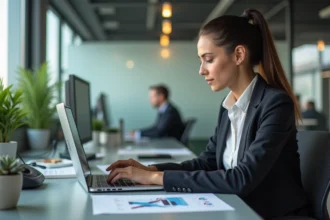 Jeune femme analysant des graphiques marketing au bureau