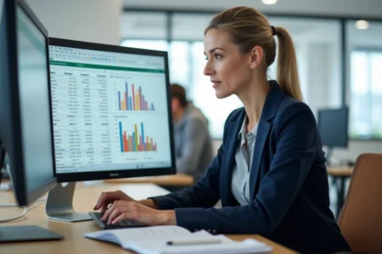 Femme professionnelle analysant une formule de calcul d'âge dans un fichier Excel avec des graphiques de segmentation par tranche d'âge sur écran