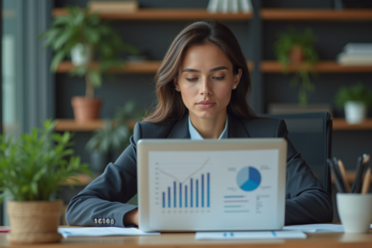 Femme professionnelle analysant des graphiques sur son ordinateur