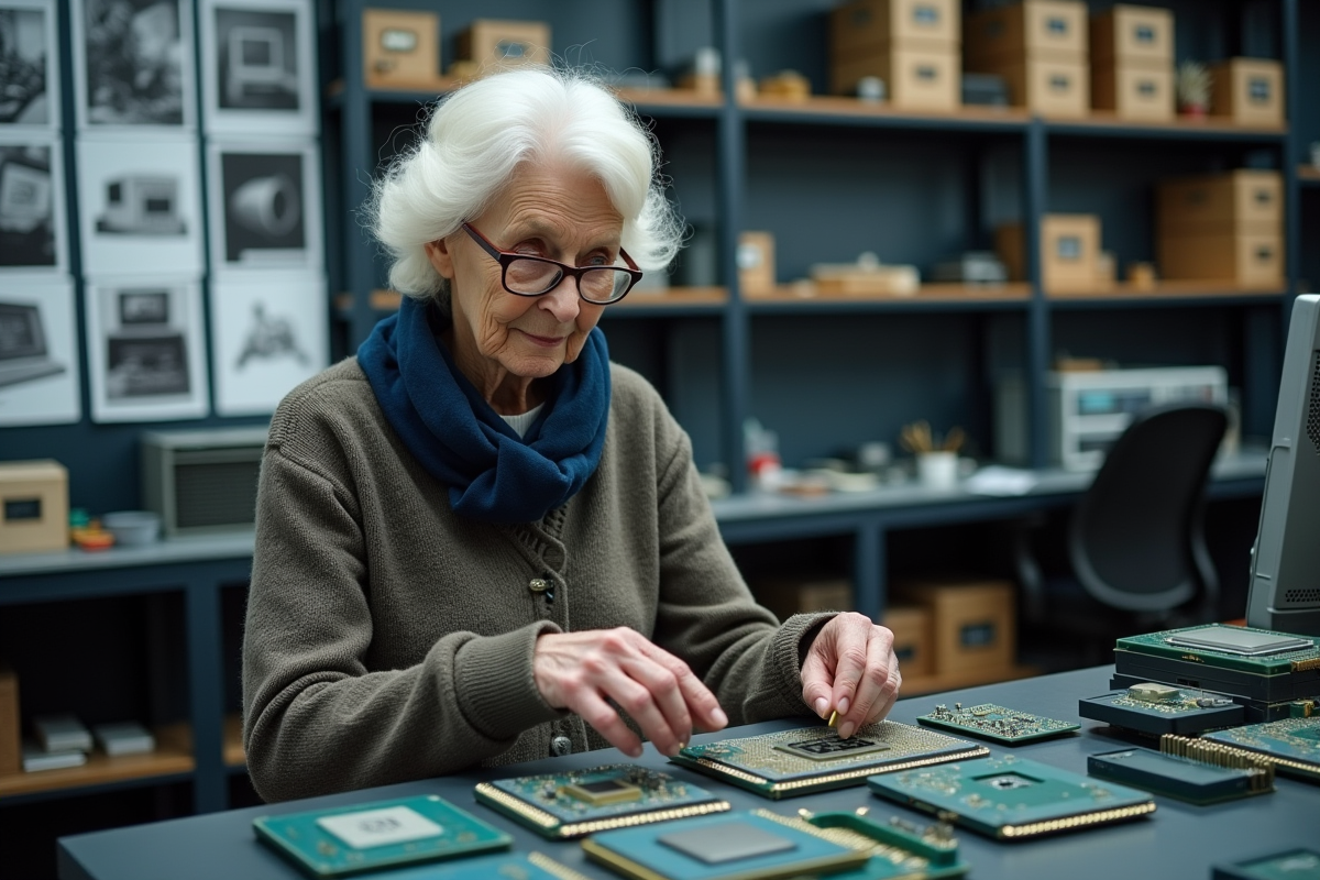Femme âgée manipule un ancien processeur dans un atelier informatique