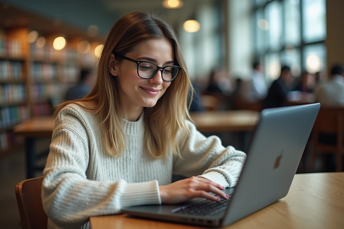 Jeune femme à la bibliothèque avec un ordinateur portable
