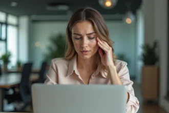 Femme au bureau en blouse réfléchissant devant son ordinateur