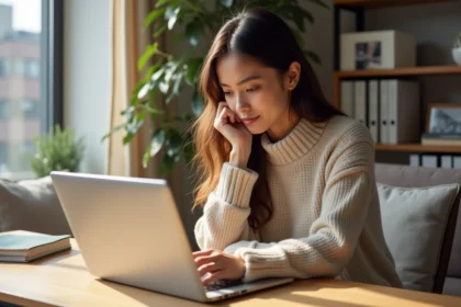 Jeune femme au bureau utilisant un ordinateur portable