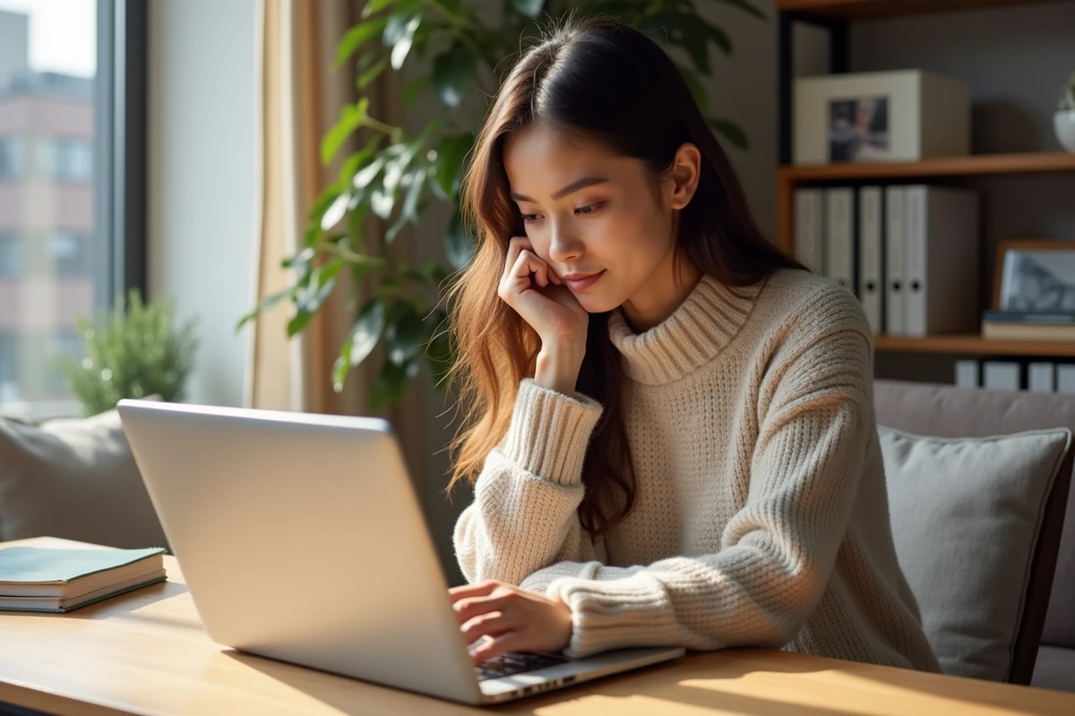 Jeune femme au bureau utilisant un ordinateur portable
