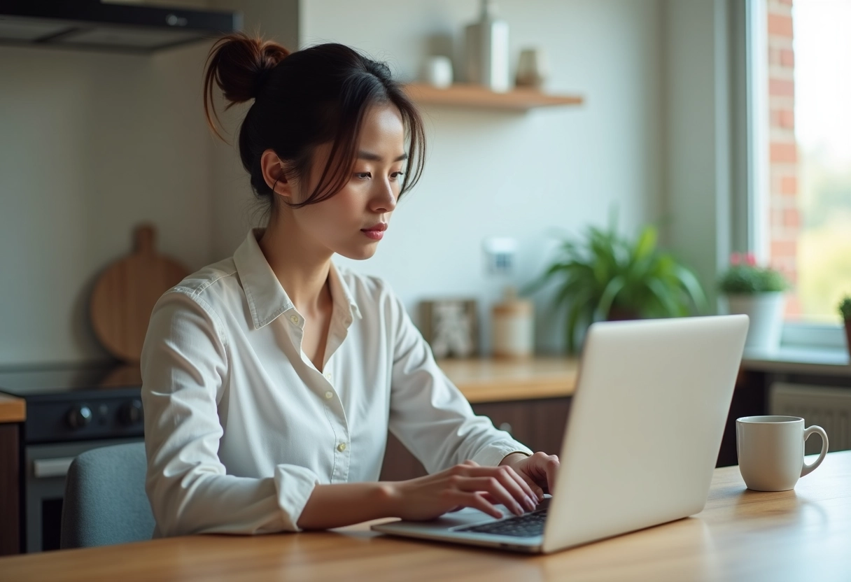 Jeune femme travaillant sur un ordinateur dans une cuisine