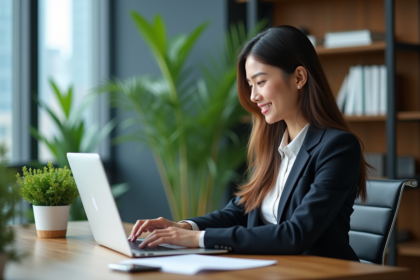 Jeune femme professionnelle travaillant sur une landing page