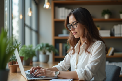 Femme au bureau travaillant sur un ordinateur portable