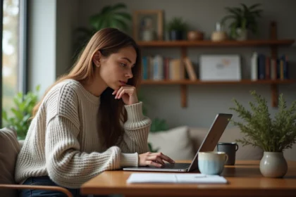 Jeune femme au bureau avec ordinateur portable et ambiance calme