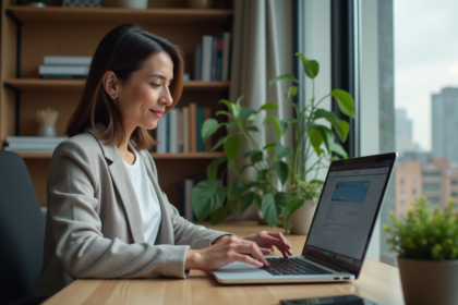 Femme d'âge moyen utilisant un gestionnaire de mots de passe dans un bureau moderne