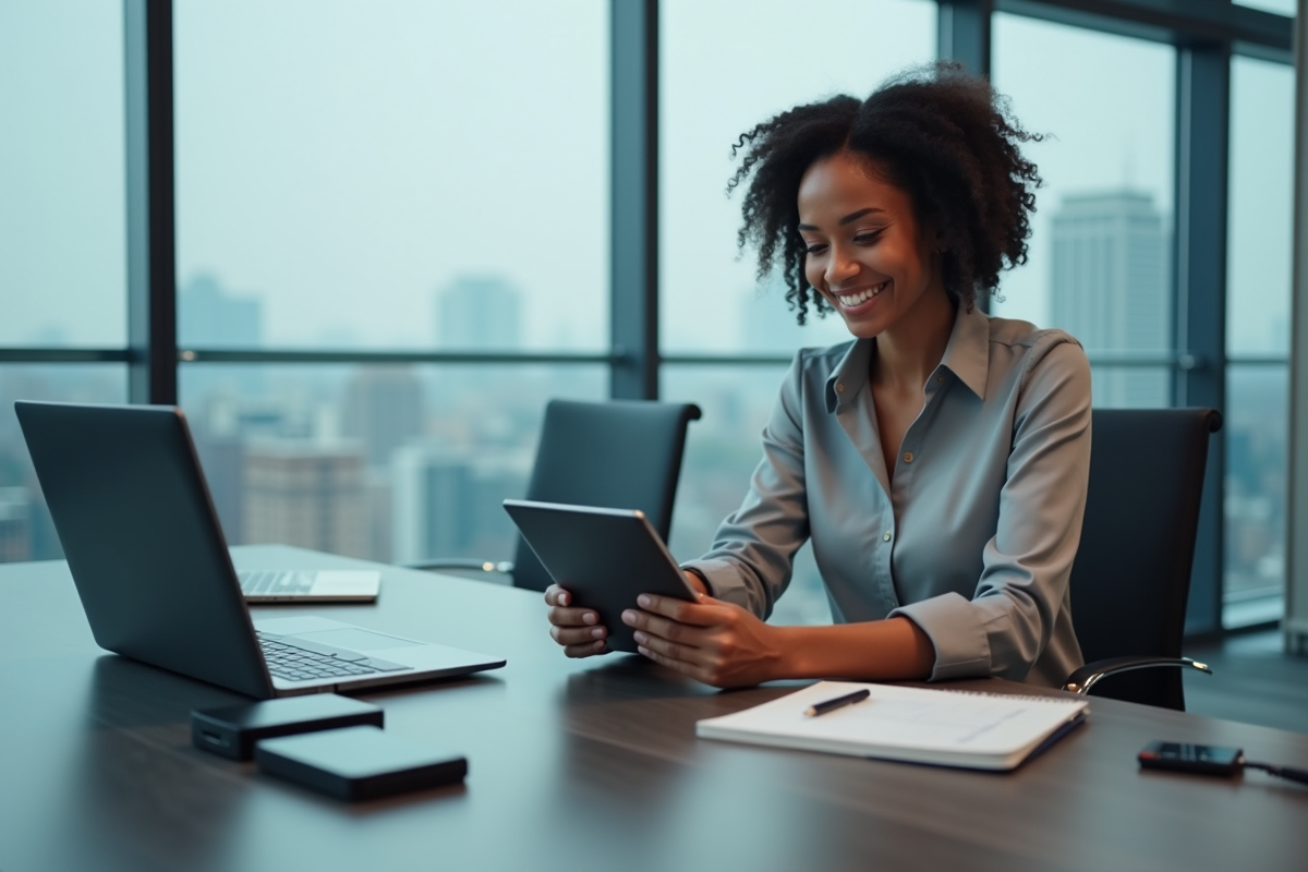 Femme souriante vérifie ses sauvegardes sur une tablette au bureau