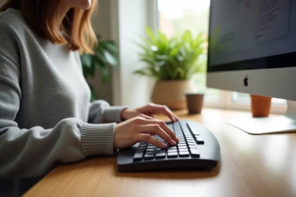 Femme utilisant un clavier ergonomique QZERTY sur un bureau en bois dans un home office moderne, posture des poignets détendue