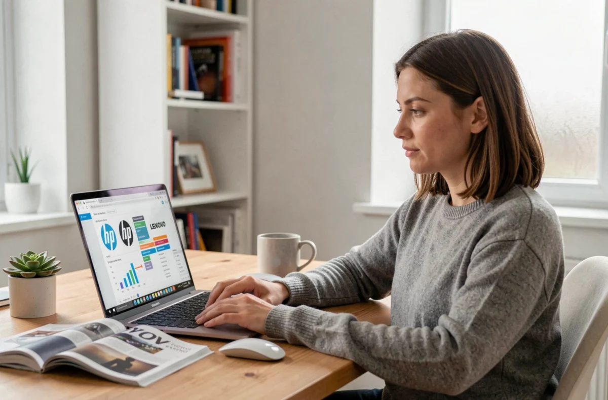 Femme consultant une comparaison de laptops Dell HP Lenovo dans un bureau à domicile minimaliste