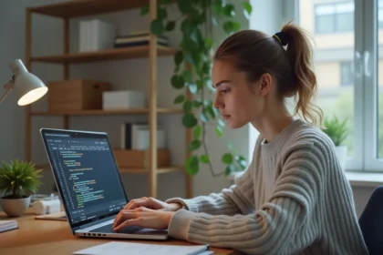Jeune femme utilisant un compteur de caractères en ligne sur son ordinateur portable dans un bureau à domicile