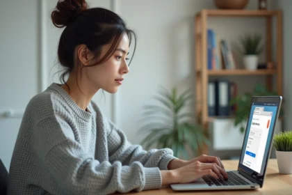 Femme configurant un compte webmail Ozone sur son ordinateur portable dans un bureau à domicile