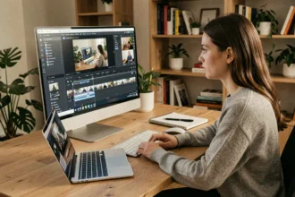 Femme consultant une archive vidéo de cours en ligne sur son ordinateur dans un bureau à domicile moderne