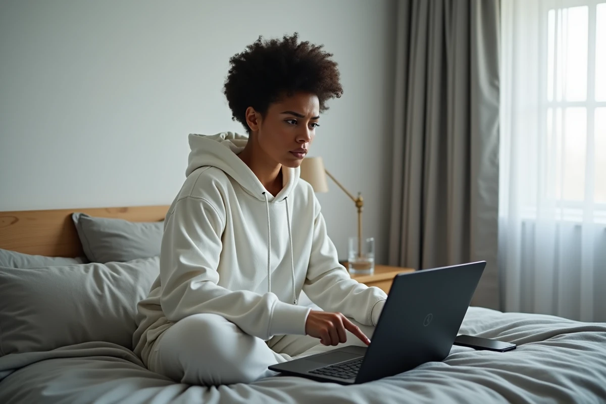 Femme face à un écran noir sur laptop tentant d'accéder au BIOS AORUS depuis sa chambre