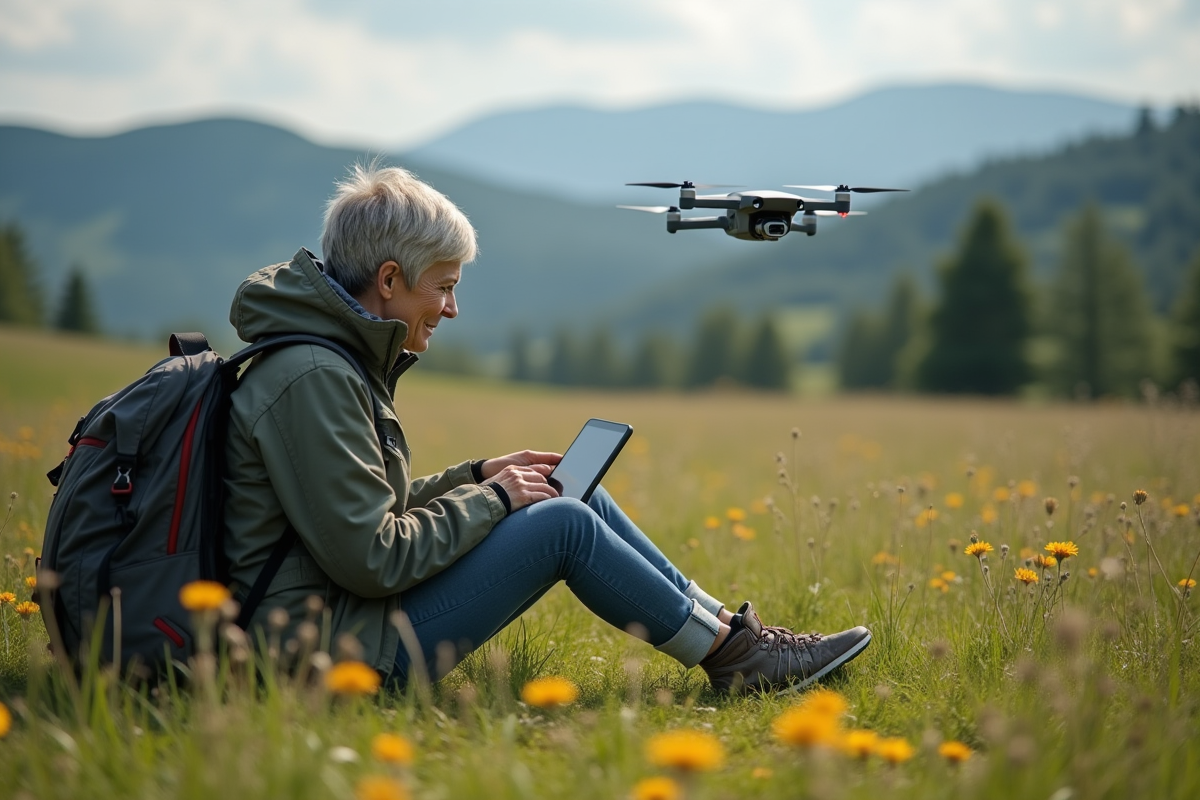 Femme en randonnée regardant la vidéo drone sur tablette