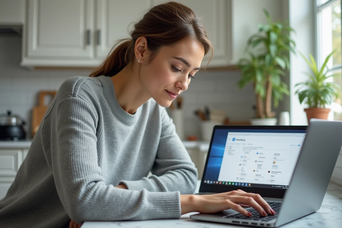 Femme configurant les icônes système cachées du bureau Windows depuis un laptop en cuisine