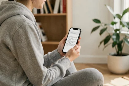 Jeune femme lisant un PDF sur smartphone Android dans un appartement minimaliste