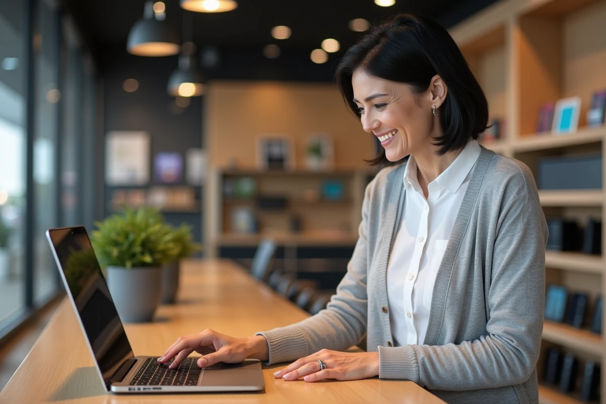 Femme examine un ordinateur dans une boutique électronique en France