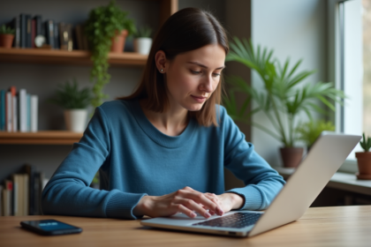 Femme tapant un mot de passe sur un ordinateur portable dans un bureau cosy