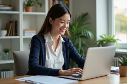 Jeune femme utilisant un ordinateur pour convertir un document Word en PDF